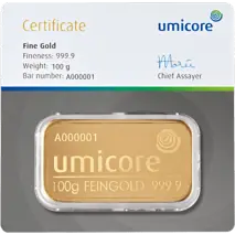 100g Goldbarren | Umicore | Gepr&auml;gt