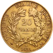 20 Francos Franceses C&eacute;r&egrave;s 2. Rep&uacute;blica | Oro | 1848-1852