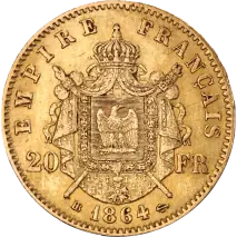20 Francs Franceses Napoleon III con Coronaria | Oro | 1861-1870