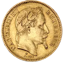 20 Francs Franceses Napoleon III con Coronaria | Oro | 1861-1870